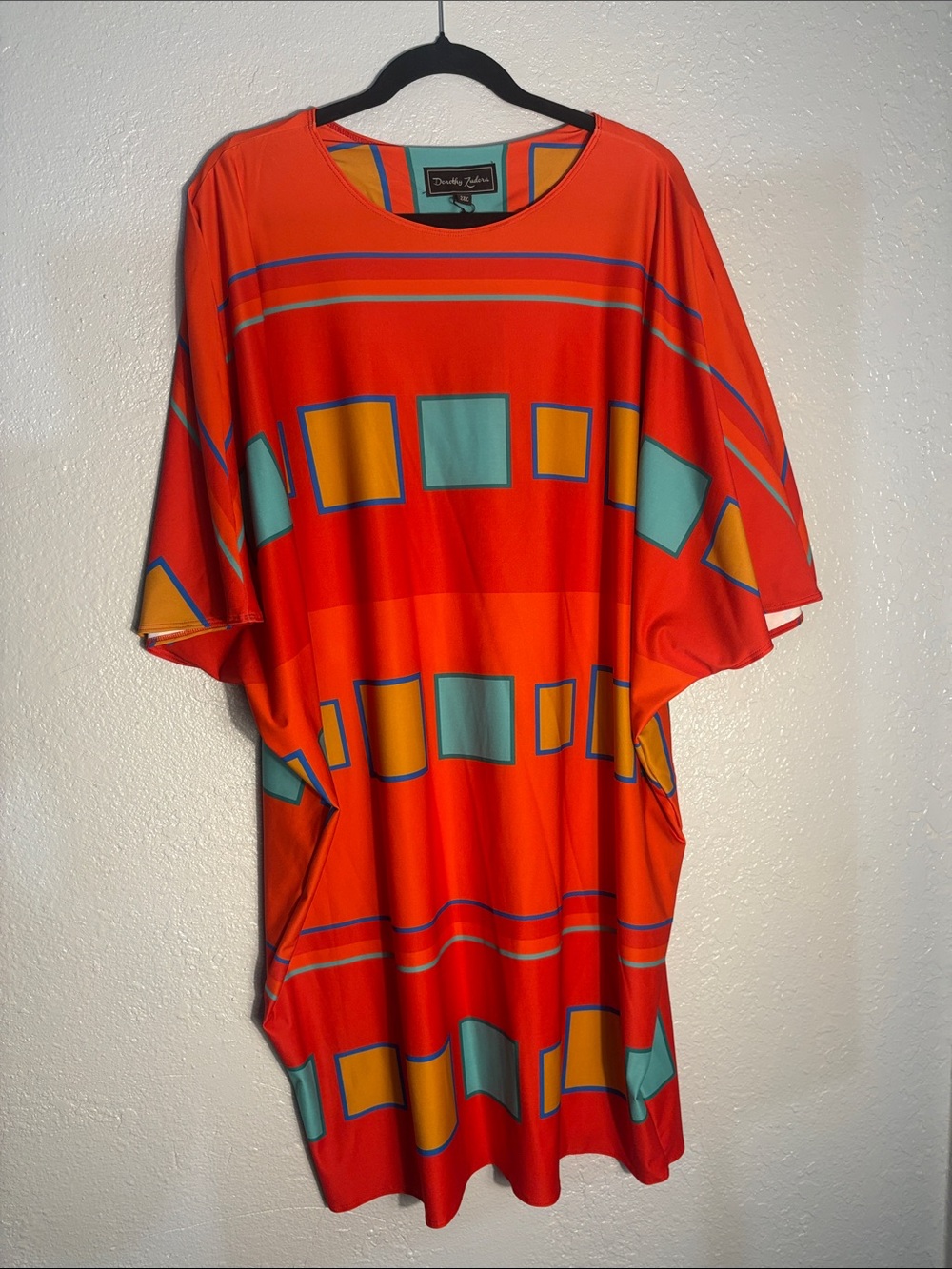 Vibrant Orange Shift Dress with Teal and Mustard Squares